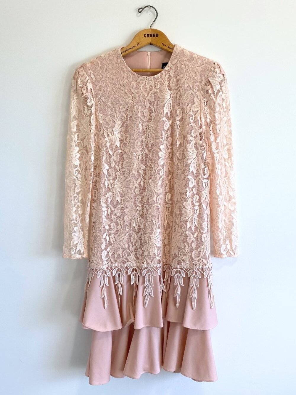 Vintage Pink Drop Waist Dress w/ Lace Mesh Overlay / 80s